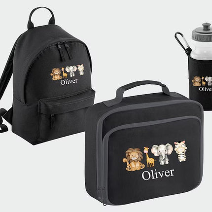 Custom Kids Name Safari Backpack Set, Zoo Animals Back to School Bags, Lunch Bag Water Bottle and Bag, Personalised School Children Gifts