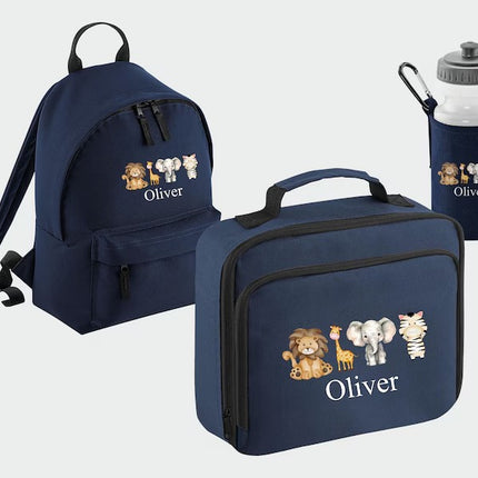 Custom Kids Name Safari Backpack Set, Zoo Animals Back to School Bags, Lunch Bag Water Bottle and Bag, Personalised School Children Gifts