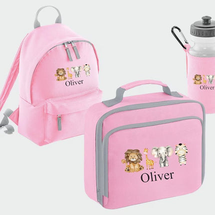 Custom Kids Name Safari Backpack Set, Zoo Animals Back to School Bags, Lunch Bag Water Bottle and Bag, Personalised School Children Gifts
