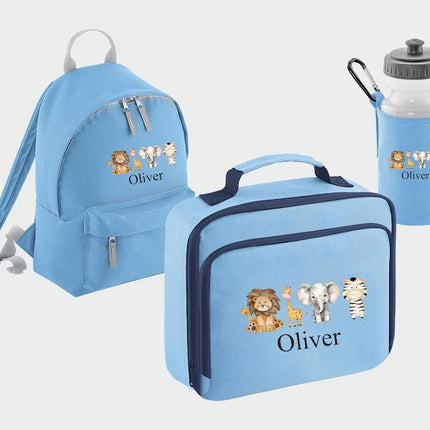 Custom Kids Name Safari Backpack Set, Zoo Animals Back to School Bags, Lunch Bag Water Bottle and Bag, Personalised School Children Gifts