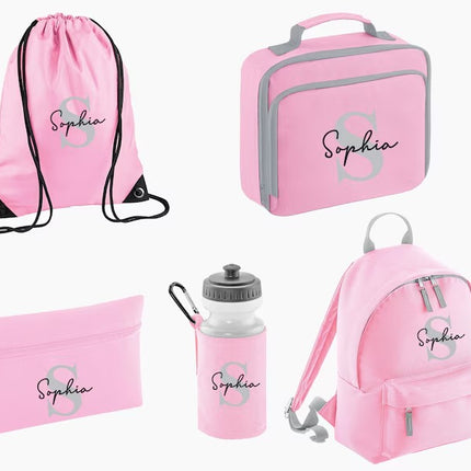 Personalised Name & Initial Backpack Set, Back to School Kids Bags, Lunch Bag Water Bottle and Pencil Case PE Bag Set, School Starters Gifts