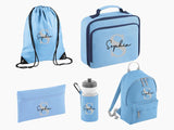 Personalised Name & Initial Backpack Set, Back to School Kids Bags, Lunch Bag Water Bottle and Pencil Case PE Bag Set, School Starters Gifts