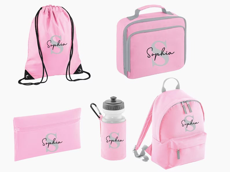 Personalised Name & Initial Backpack Set, Back to School Kids Bags, Lunch Bag Water Bottle and Pencil Case PE Bag Set, School Starters Gifts