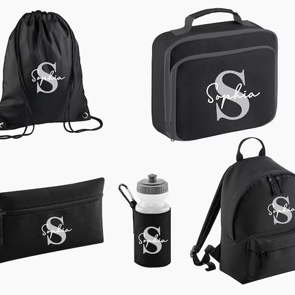 Personalised Name & Initial Backpack Set, Back to School Kids Bags, Lunch Bag Water Bottle and Pencil Case PE Bag Set, School Starters Gifts