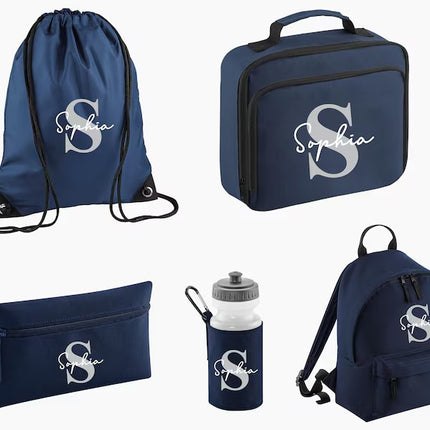 Personalised Name & Initial Backpack Set, Back to School Kids Bags, Lunch Bag Water Bottle and Pencil Case PE Bag Set, School Starters Gifts