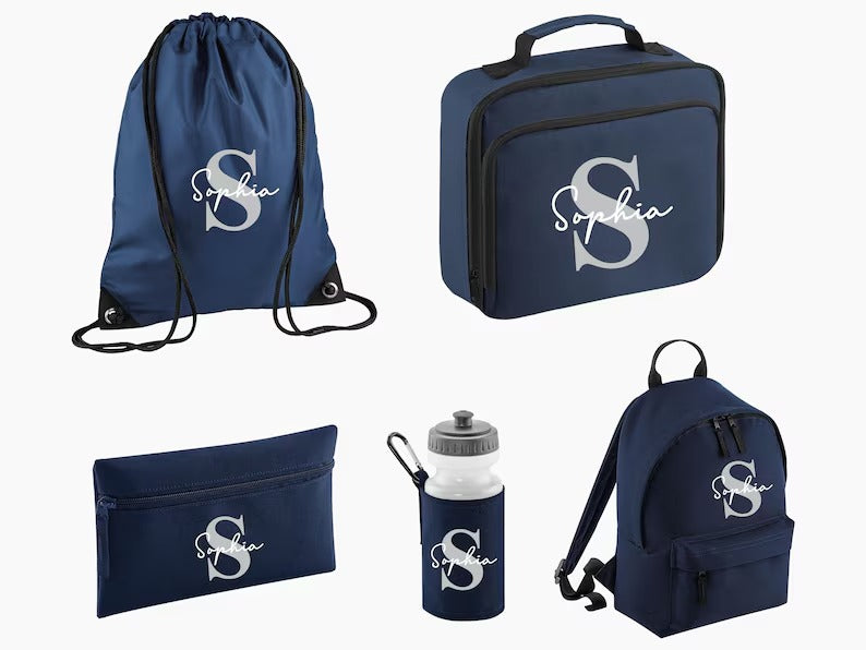 Personalised Name & Initial Backpack Set, Back to School Kids Bags, Lunch Bag Water Bottle and Pencil Case PE Bag Set, School Starters Gifts