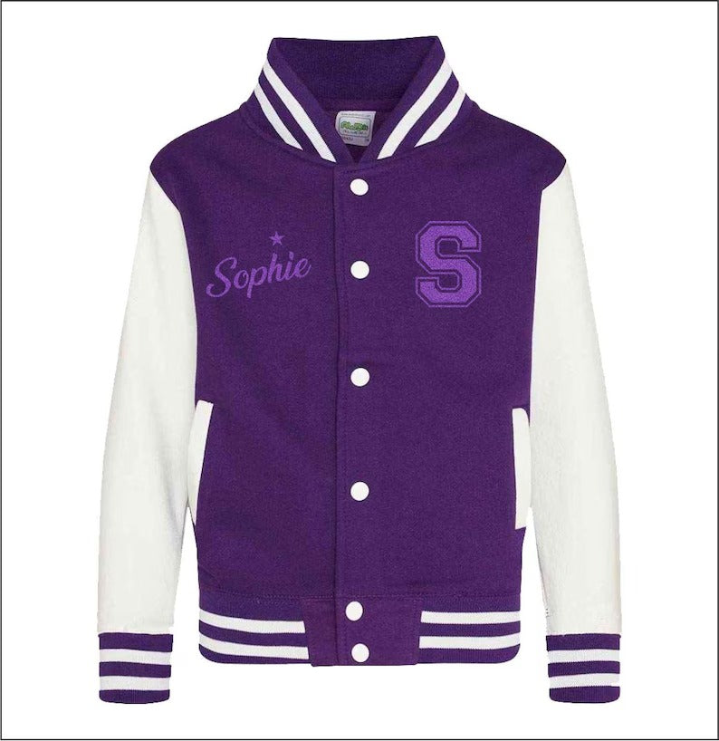 Personalised Kids Name & Initial Jacket, Custom Kids Varsity Jacket, Baseball Style Boys Girls School Jacket, Kids and Toddlers Sports Gifts