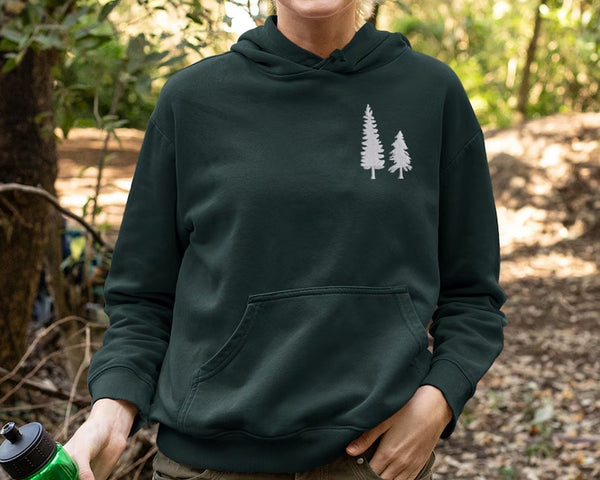 Embroidered Trees Nature Hoodie, Pine Tree Comfort Color Stitching Unisex Hooded Sweatshirt, Minimalist Cute Tree Forest Jumper Gift for Her