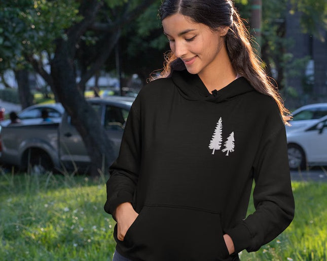 Embroidered Trees Nature Hoodie, Pine Tree Comfort Color Stitching Unisex Hooded Sweatshirt, Minimalist Cute Tree Forest Jumper Gift for Her