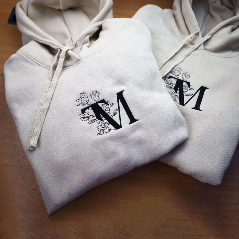 Custom Embroidered Floral Initial Hoodie, Couple Matching