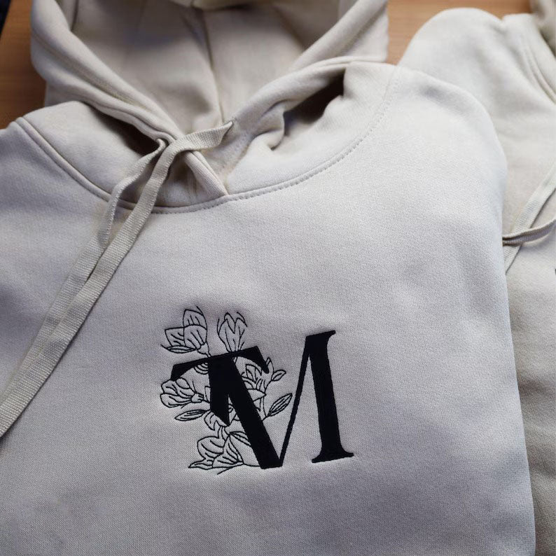 Custom Embroidered Floral Initial Hoodie, Couple Matching Anniversary Hoodies, Personalized Date on Sleeve Jumper, Loved Ones Matching Gifts