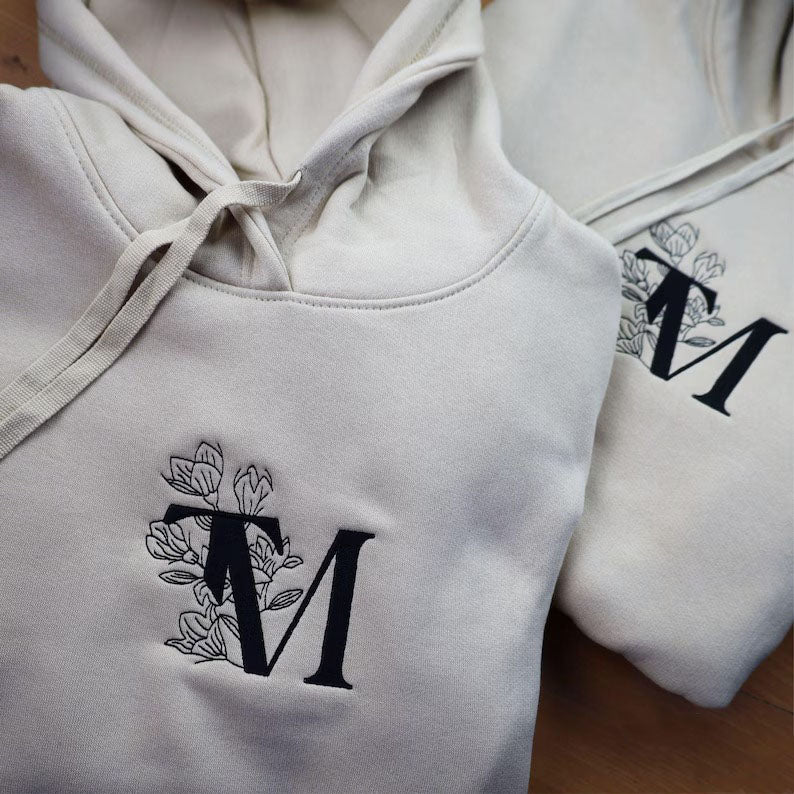 Custom Embroidered Floral Initial Hoodie, Couple Matching Anniversary Hoodies, Personalized Date on Sleeve Jumper, Loved Ones Matching Gifts