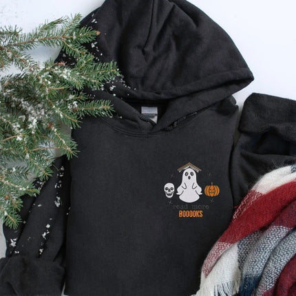 Halloween Ghost Bookish Hoodie, Read More Booooks Halloween Hooded Sweatshirt, Halloween Winking Pumpkin Jumper, Books Lover Halloween Gifts