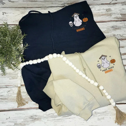 Halloween Ghost Bookish Hoodie, Read More Booooks Halloween Hooded Sweatshirt, Halloween Winking Pumpkin Jumper, Books Lover Halloween Gifts