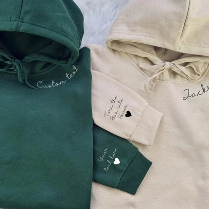 Personalized Hoodies, Custom Names/Text on Neck and Sleeve Hooded Sweatshirt, Halloween Jumper for her, Unisex Hoodies, Gifts for Husband