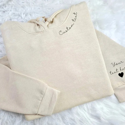 Personalized Hoodies, Custom Names/Text on Neck and Sleeve Hooded Sweatshirt, Halloween Jumper for her, Unisex Hoodies, Gifts for Husband
