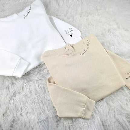Personalized Hoodies, Custom Names/Text on Neck and Sleeve Hooded Sweatshirt, Halloween Jumper for her, Unisex Hoodies, Gifts for Husband