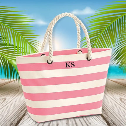 Personalised Tote Bag, Custom Initial Printed Neutical Bag, Holiday Striped Bag with Rope Handle, Bridal Party Bag, Traveling Gift for Her