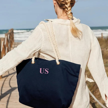 Personalised Tote Bag, Custom Initial Printed Neutical Bag, Holiday Striped Bag with Rope Handle, Bridal Party Bag, Traveling Gift for Her