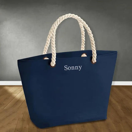 Customized Embroidered Beach Bag, Holiday Striped Tote Bag with Rope Handle, Personalised Neutical Tote Bag, Classic Traveling Gift For her