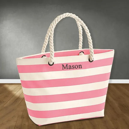 Customized Embroidered Beach Bag, Holiday Striped Tote Bag with Rope Handle, Personalised Neutical Tote Bag, Classic Traveling Gift For her