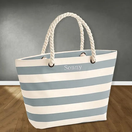 Customized Embroidered Beach Bag, Holiday Striped Tote Bag with Rope Handle, Personalised Neutical Tote Bag, Classic Traveling Gift For her