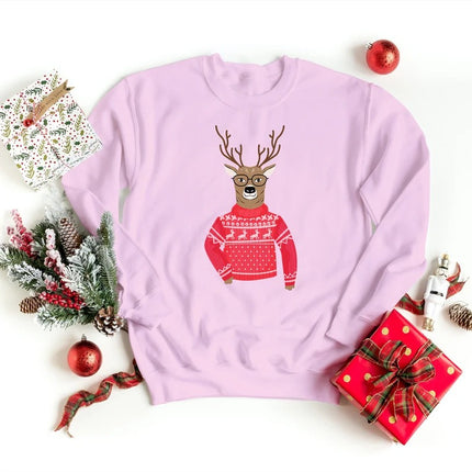 Funny Christmas Reindeer Sweatshirt, Christmas Printed Crewneck Sweaters, Xmas Holiday Party Family Matching Jumpers, Christmas Eve Presents