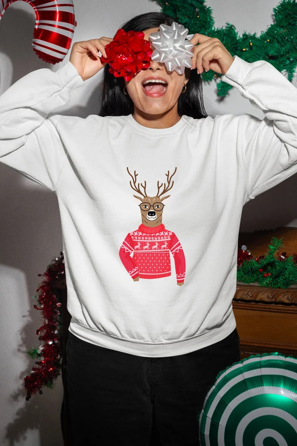 Funny Christmas Reindeer Sweatshirt, Christmas Printed Crewneck Sweaters, Xmas Holiday Party Family Matching Jumpers, Christmas Eve Presents