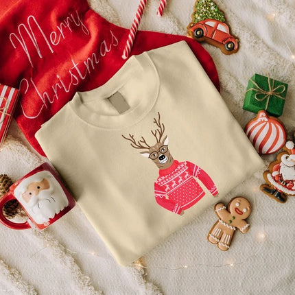 Funny Christmas Reindeer Sweatshirt, Christmas Printed Crewneck Sweaters, Xmas Holiday Party Family Matching Jumpers, Christmas Eve Presents