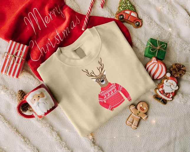 Funny Christmas Reindeer Sweatshirt, Christmas Printed Crewneck Sweaters, Xmas Holiday Party Family Matching Jumpers, Christmas Eve Presents