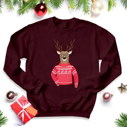 Funny Christmas Reindeer Sweatshirt, Christmas Printed Crewneck Sweaters, Xmas Holiday Party Family Matching Jumpers, Christmas Eve Presents