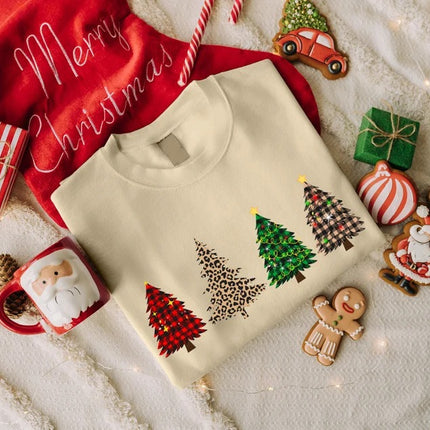 Retro Christmas Trees Sweatshirt, Xmas Buffalo Plaid Patterns Printed Crewneck Sweater, Christmas Adults Kids Sizes Unisex Jumper, Xmas Gift