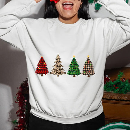 Retro Christmas Trees Sweatshirt, Xmas Buffalo Plaid Patterns Printed Crewneck Sweater, Christmas Adults Kids Sizes Unisex Jumper, Xmas Gift