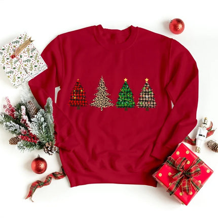 Retro Christmas Trees Sweatshirt, Xmas Buffalo Plaid Patterns Printed Crewneck Sweater, Christmas Adults Kids Sizes Unisex Jumper, Xmas Gift