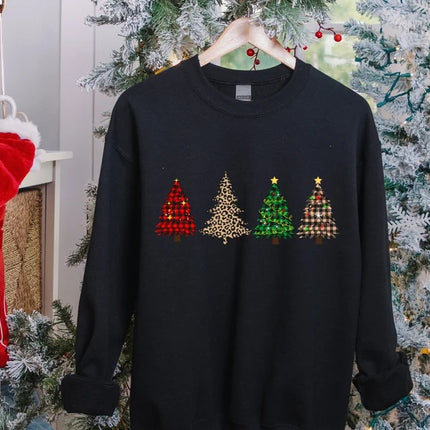 Retro Christmas Trees Sweatshirt, Xmas Buffalo Plaid Patterns Printed Crewneck Sweater, Christmas Adults Kids Sizes Unisex Jumper, Xmas Gift