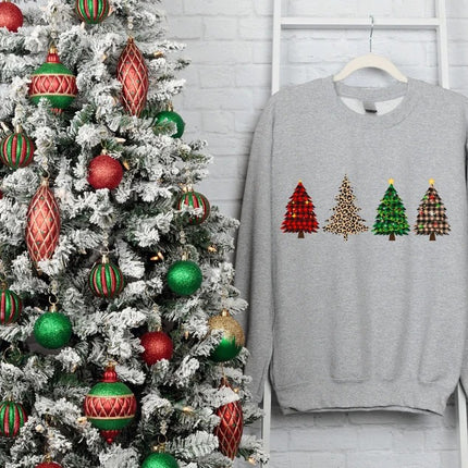 Retro Christmas Trees Sweatshirt, Xmas Buffalo Plaid Patterns Printed Crewneck Sweater, Christmas Adults Kids Sizes Unisex Jumper, Xmas Gift