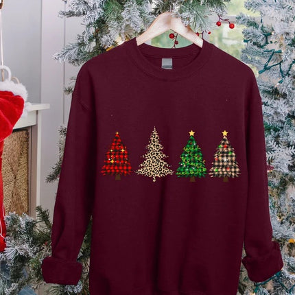 Retro Christmas Trees Sweatshirt, Xmas Buffalo Plaid Patterns Printed Crewneck Sweater, Christmas Adults Kids Sizes Unisex Jumper, Xmas Gift