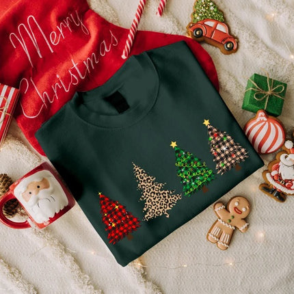 Retro Christmas Trees Sweatshirt, Xmas Buffalo Plaid Patterns Printed Crewneck Sweater, Christmas Adults Kids Sizes Unisex Jumper, Xmas Gift
