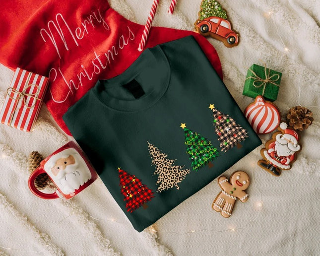 Retro Christmas Trees Sweatshirt, Xmas Buffalo Plaid Patterns Printed Crewneck Sweater, Christmas Adults Kids Sizes Unisex Jumper, Xmas Gift