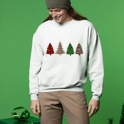 Retro Christmas Trees Sweatshirt, Xmas Buffalo Plaid Patterns Printed Crewneck Sweater, Christmas Adults Kids Sizes Unisex Jumper, Xmas Gift