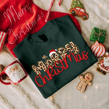 Merry Christmas Sweatshirt, Xmas Leopard Art Printed Crewneck Sweater, Retro Christmas Adults Kids Sizes Jumper, Unisex Tops, Xmas Eve Gifts