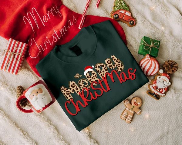 Merry Christmas Sweatshirt, Xmas Leopard Art Printed Crewneck Sweater, Retro Christmas Adults Kids Sizes Jumper, Unisex Tops, Xmas Eve Gifts