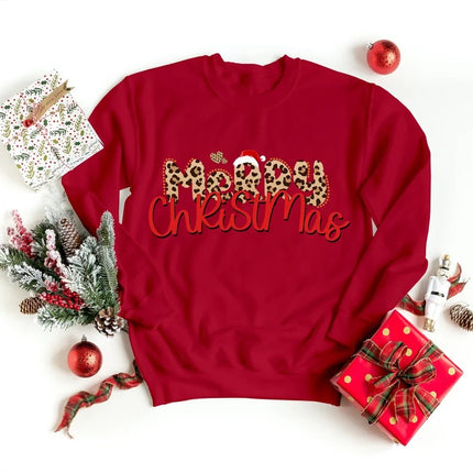 Merry Christmas Sweatshirt, Xmas Leopard Art Printed Crewneck Sweater, Retro Christmas Adults Kids Sizes Jumper, Unisex Tops, Xmas Eve Gifts