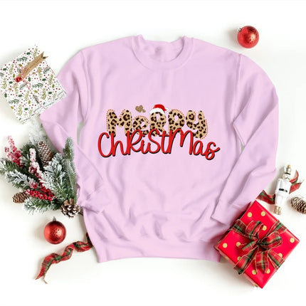 Merry Christmas Sweatshirt, Xmas Leopard Art Printed Crewneck Sweater, Retro Christmas Adults Kids Sizes Jumper, Unisex Tops, Xmas Eve Gifts