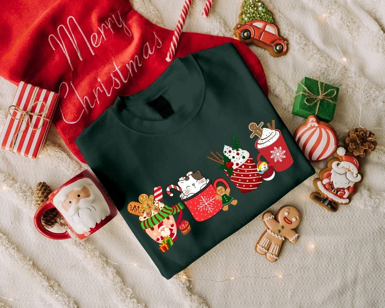 Christmas Coffee Sweatshirt, Xmas Gingerbread Printed Sweater, Christmas Adults Kids Sizes Jumper, Christmas Ice Coffee Tops, Xmas Eve Gifts