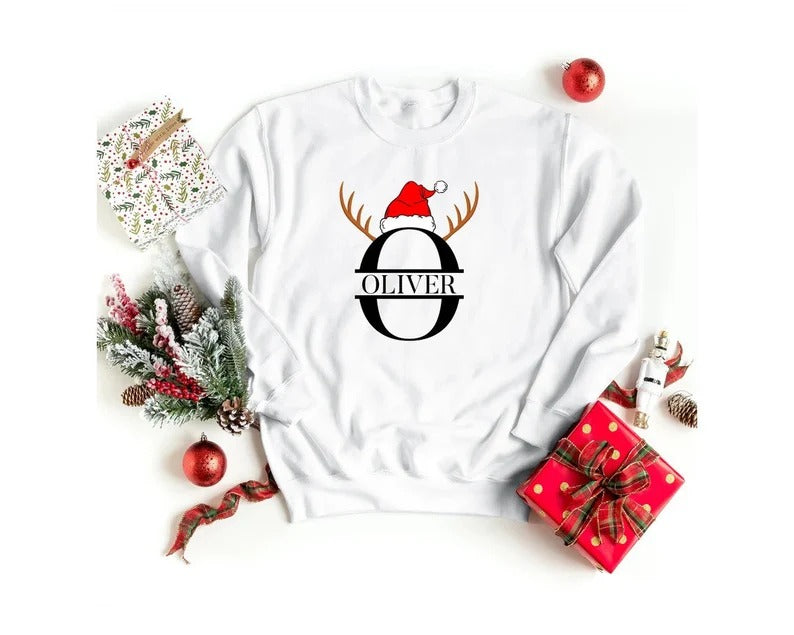 Custom Christmas Family Sweatshirt, Personalised Monogram Name Initial Printed Christmas Jumper, Xmas Matching Sweater, Christmas Eve Outfit