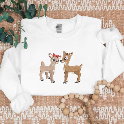 Embroidered Christmas Reindeer Sweater, Christmas Family Matching reindeer Sweatshirt, Cute Baby Deers jumper, Couple Matching Xmas Outfits