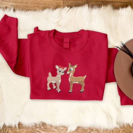 Embroidered Christmas Reindeer Sweater, Christmas Family Matching reindeer Sweatshirt, Cute Baby Deers jumper, Couple Matching Xmas Outfits