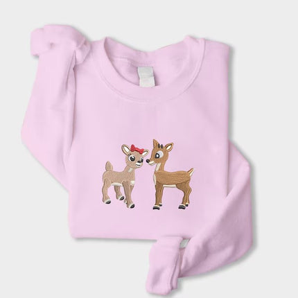 Embroidered Christmas Reindeer Sweater, Christmas Family Matching reindeer Sweatshirt, Cute Baby Deers jumper, Couple Matching Xmas Outfits