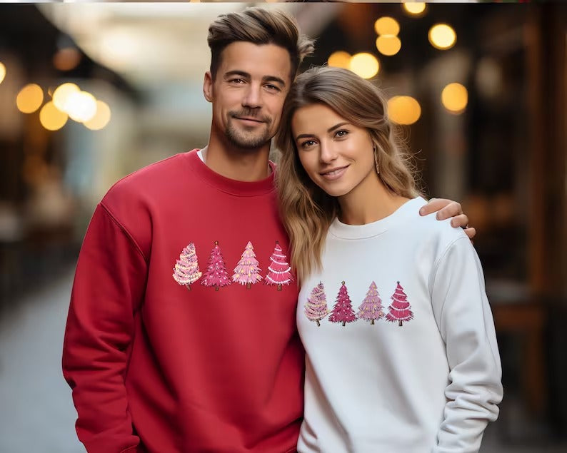 Christmas Tree Jumper, Christmas Crewneck Sweatshirt, Xmas Women Matching Pink Trees Minimalist Sweater, Christmas Eve Holiday Party Gifts